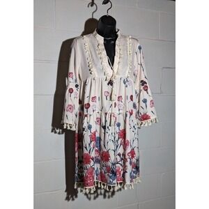 Floral Print Tassel Trim Tunic Dress Bell Sleeve Tiered Boho Small